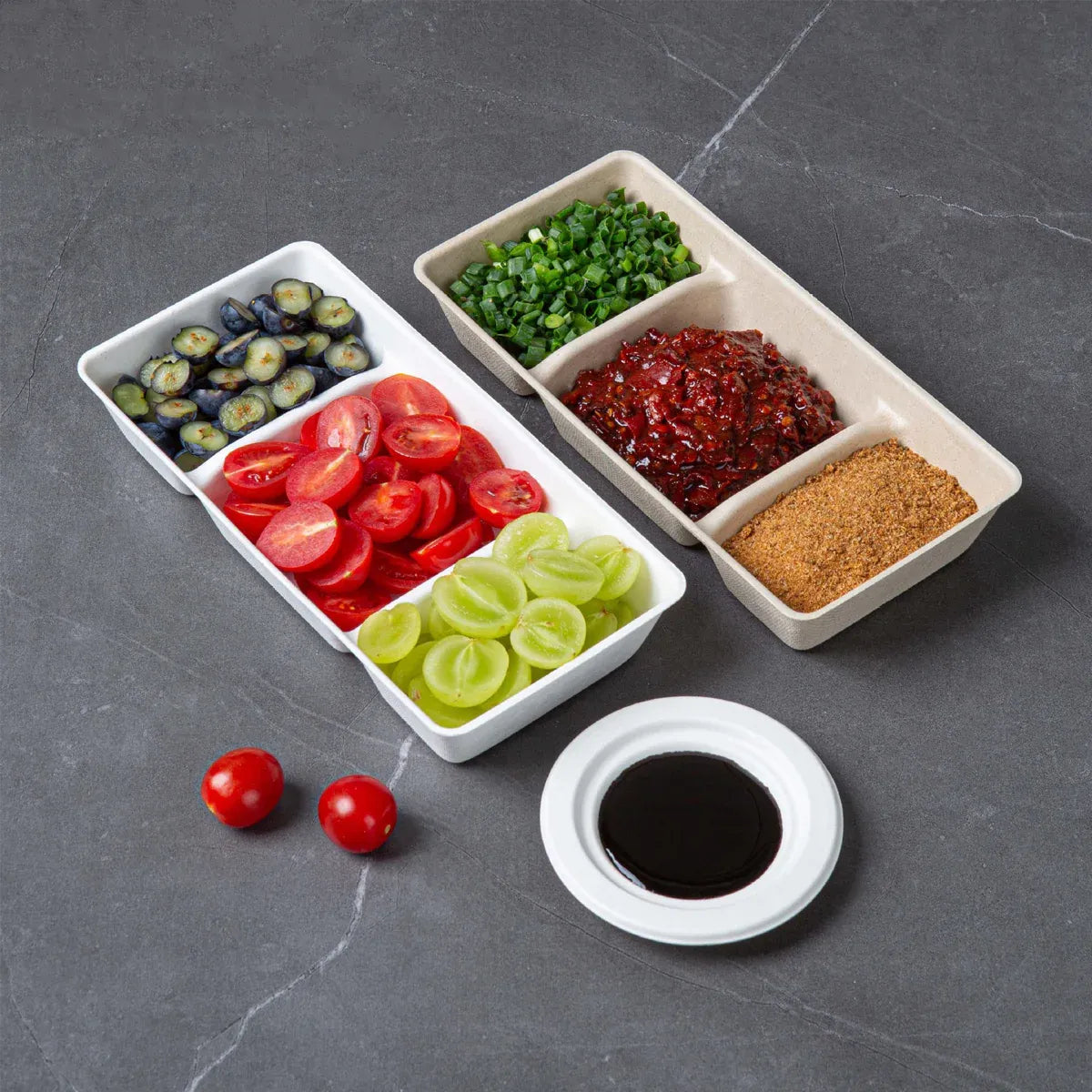 30PCS Disposable Pulp Three-Compartment Dip Box for Sushi BBQ Sauce Condiment - White