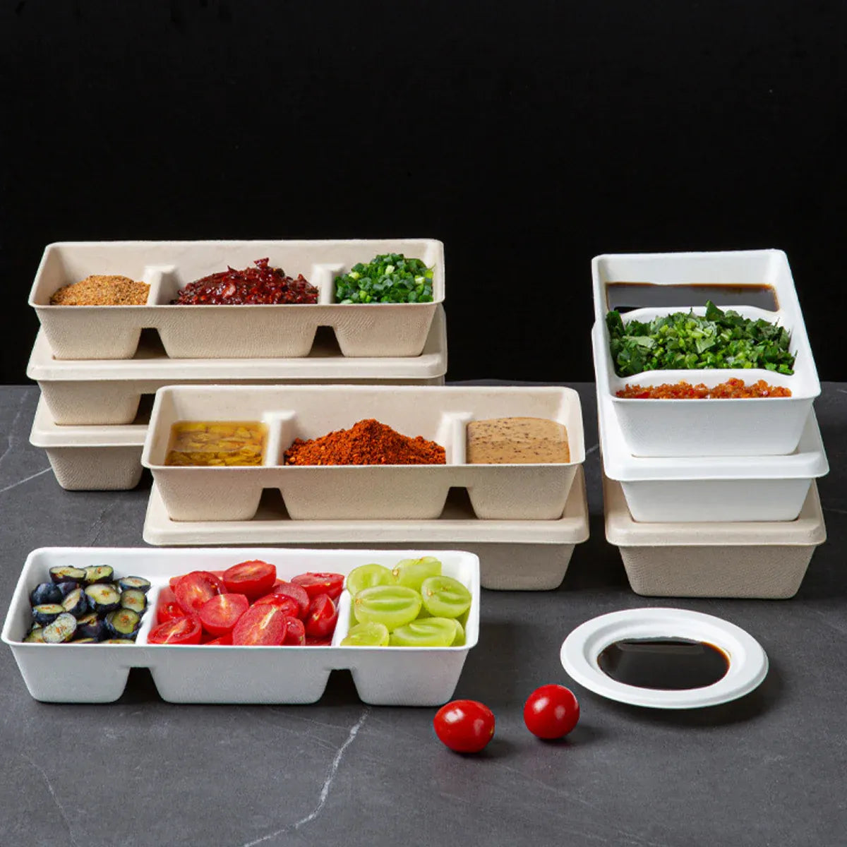 30PCS Disposable Pulp Three-Compartment Dip Box for Sushi BBQ Sauce Condiment - White