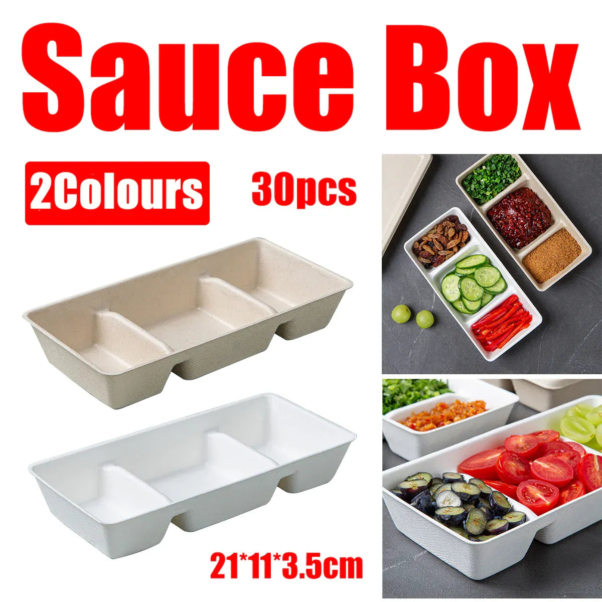 30PCS Disposable Pulp Three-Compartment Dip Box for Sushi BBQ Sauce Condiment - White