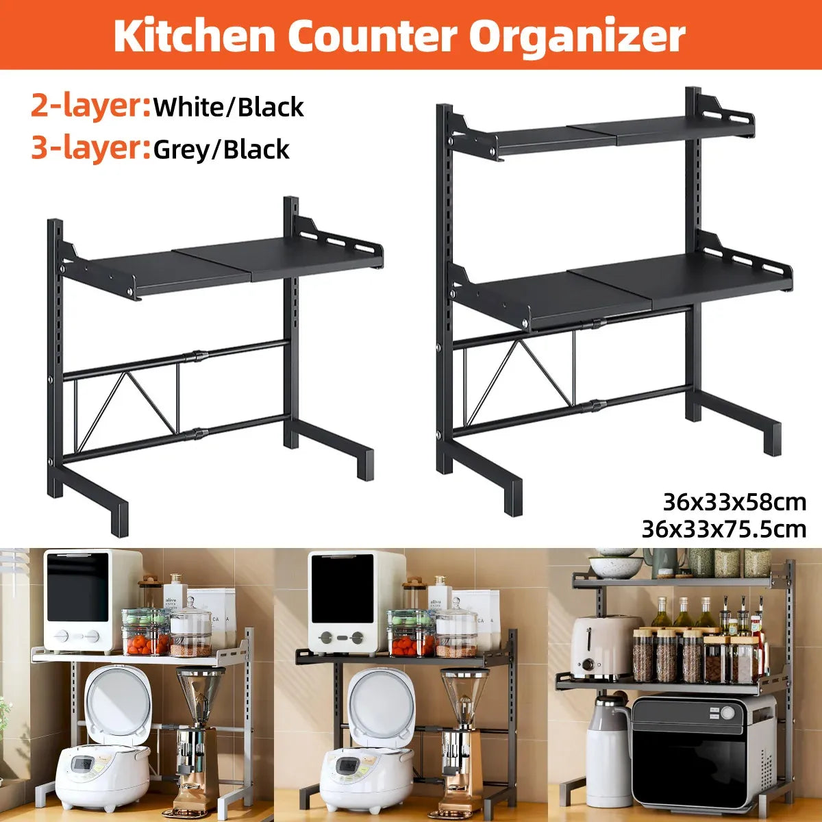 2/3Tier Microwave Oven Stand Rack Shelf Condiment Kitchen Holder Cabinet Storage - Grey 3-Layer
