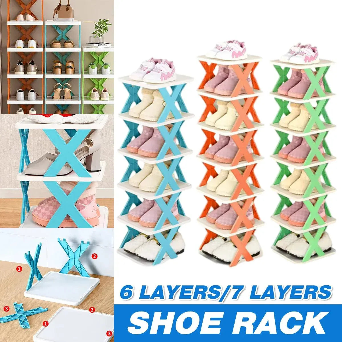 6/7 Tier Shoe Rack Space Saving Small Shoe Cabinet Storage Shelf Organizer - Blue-6 Layer