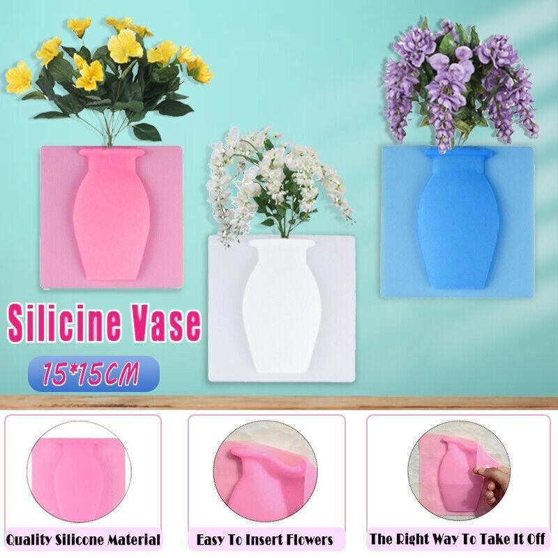 1PC Stick-On Silicone Vase Wall Sticker Reusable Window Flower Decal Pot Decor - Pink