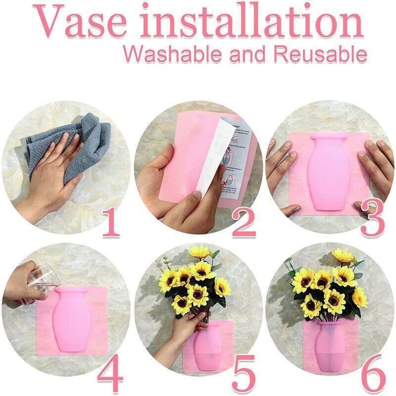 1PC Stick-On Silicone Vase Wall Sticker Reusable Window Flower Decal Pot Decor - Pink