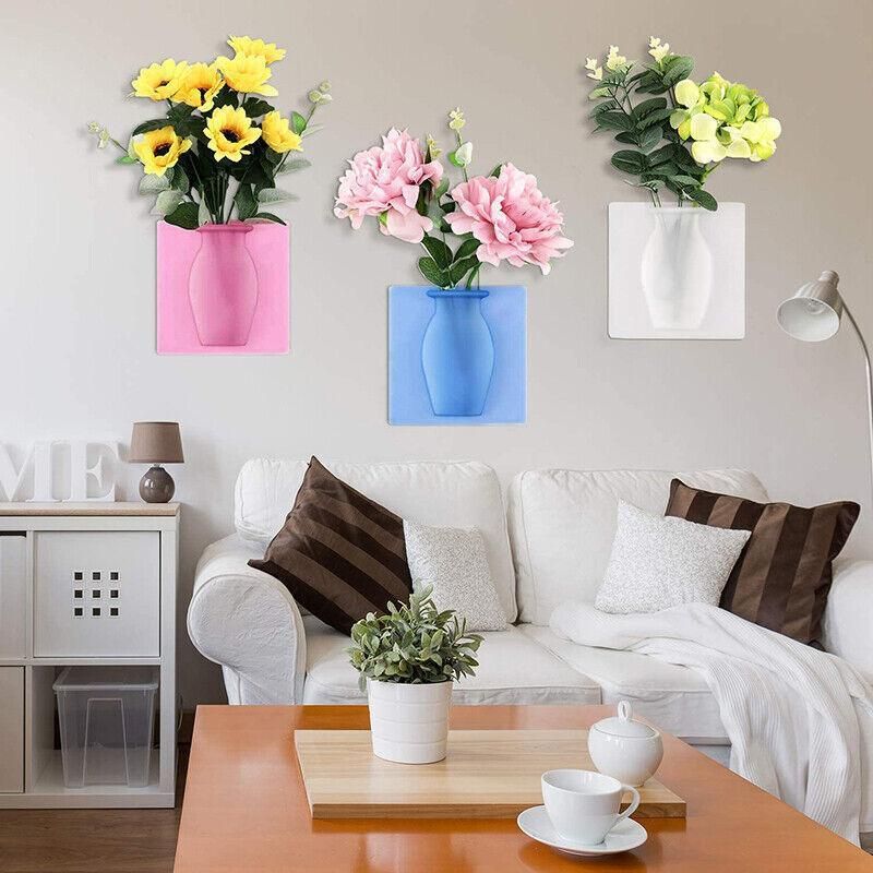 1PC Stick-On Silicone Vase Wall Sticker Reusable Window Flower Decal Pot Decor - Pink