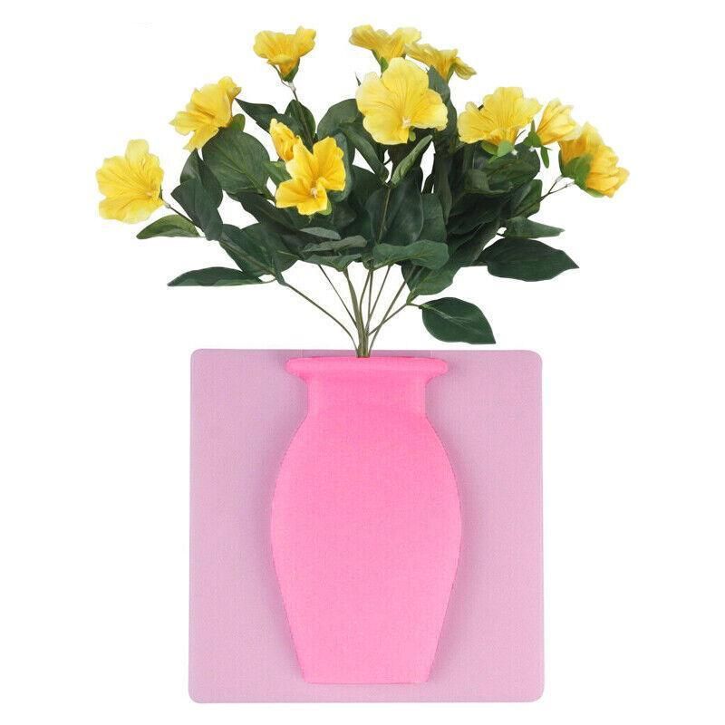 1PC Stick-On Silicone Vase Wall Sticker Reusable Window Flower Decal Pot Decor - Pink