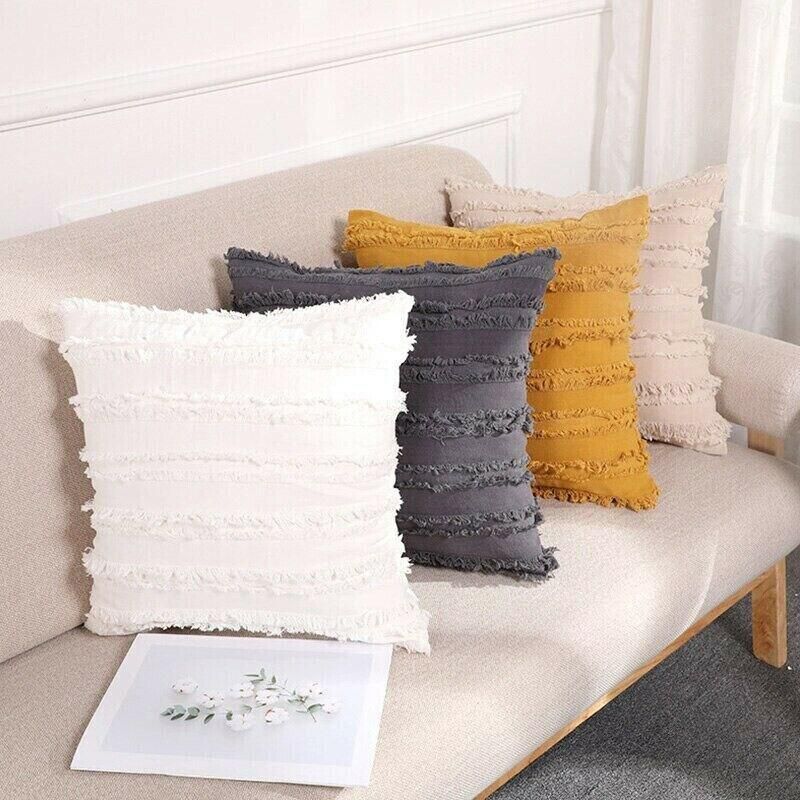 Boho Tassel Fringe Striped Cushion Cover Soft Home Decor Sofa Throw Pillow Case - Grey