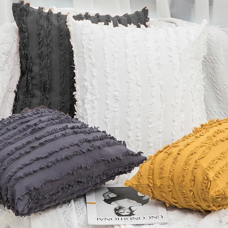 Boho Tassel Fringe Striped Cushion Cover Soft Home Decor Sofa Throw Pillow Case - Grey
