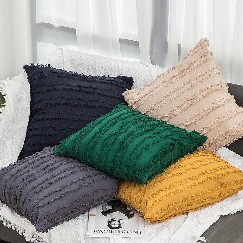 Boho Tassel Fringe Striped Cushion Cover Soft Home Decor Sofa Throw Pillow Case - Grey