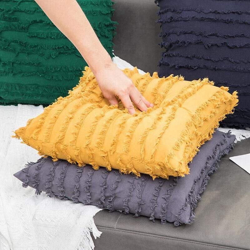 Boho Tassel Fringe Striped Cushion Cover Soft Home Decor Sofa Throw Pillow Case - Grey