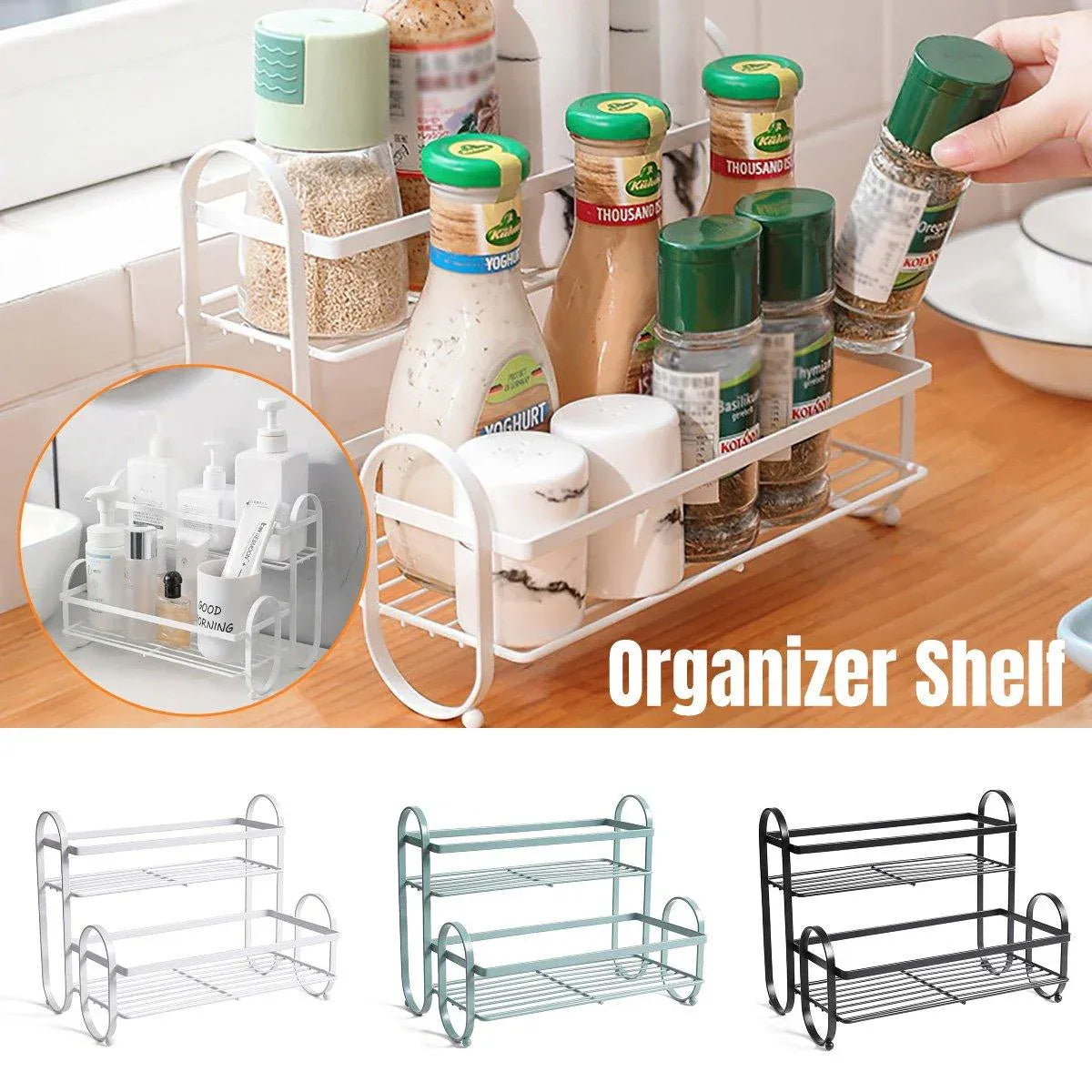 Iron Double Storage Shelf Organiser Durable Metal Rack for Kitchen Bathroom Use - Black