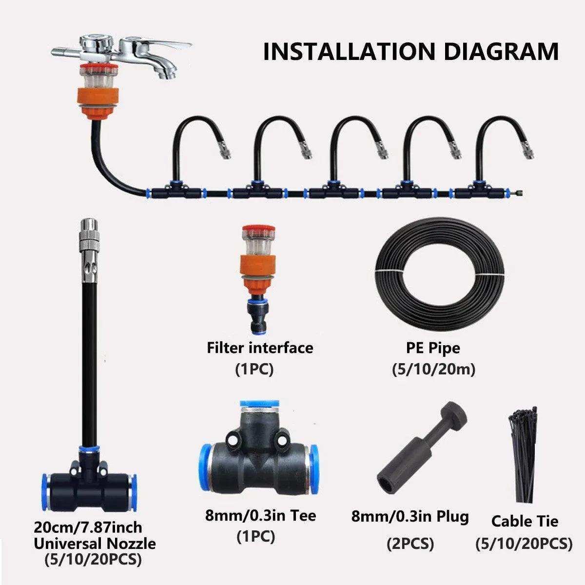 Watering system adjustable with front handle and fitted controls