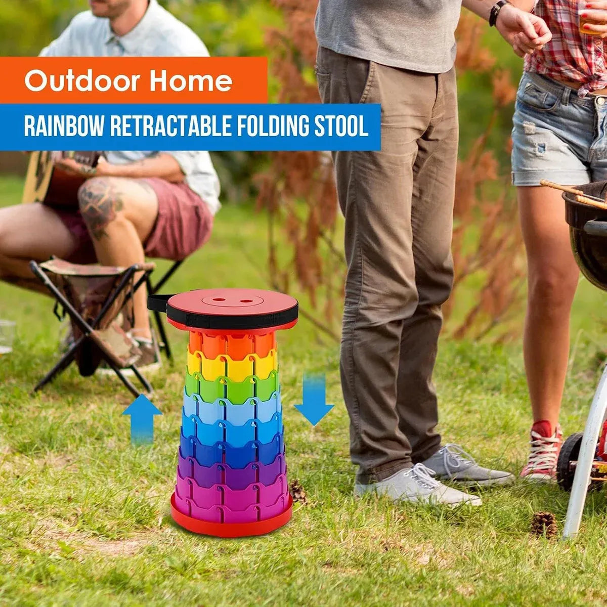 Rainbow Telescopic Folding Stool Thickened Travel Outdoor Seat for Camping - Red