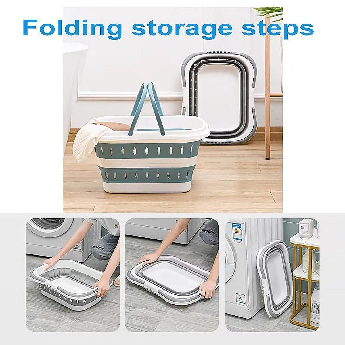 Large Folding Laundry Basket Plastic Dirty Clothes Hamper Blue Bathroom Storage - Blue