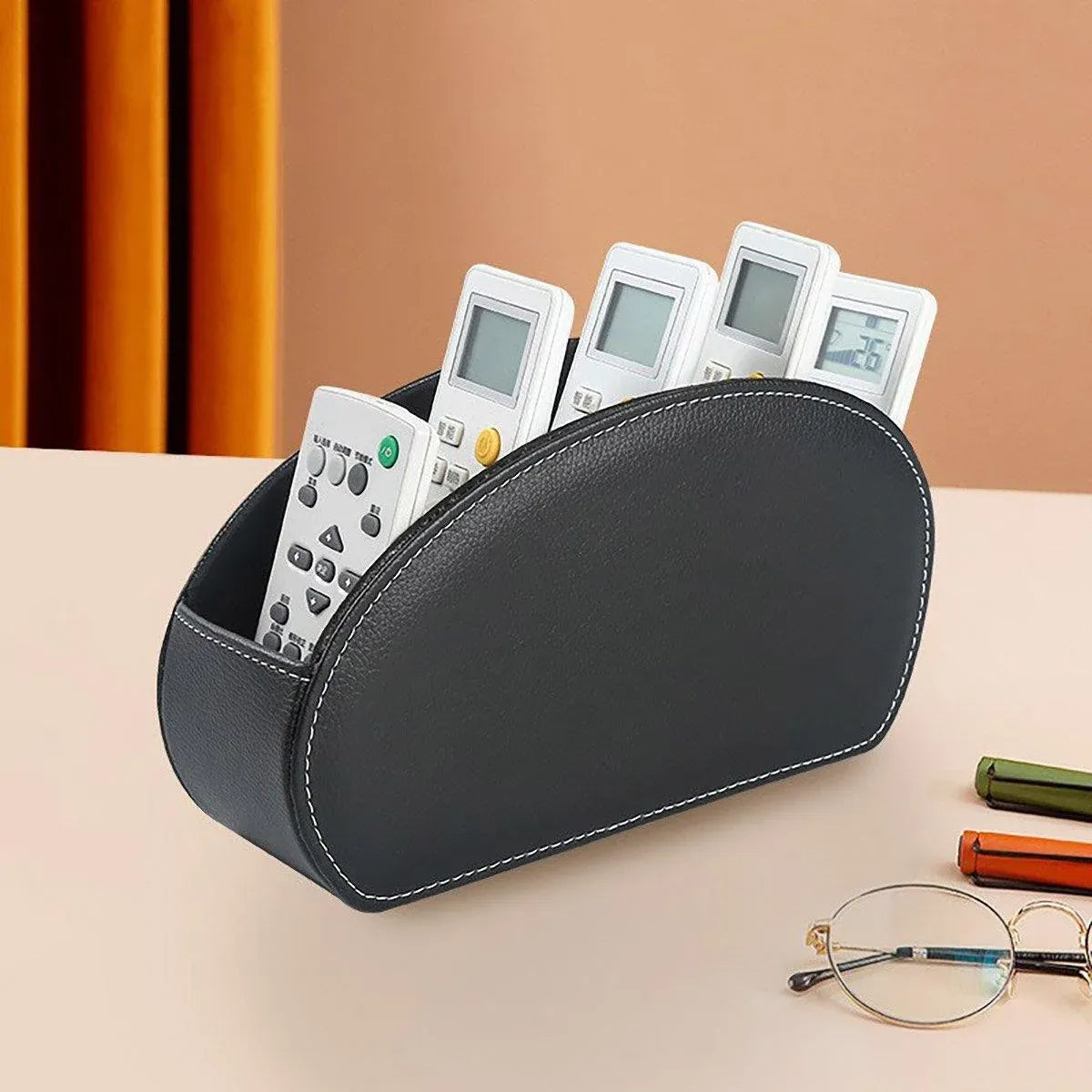 PU Leather Desktop Organiser Remote Control Office Cosmetic Storage Box Holder
