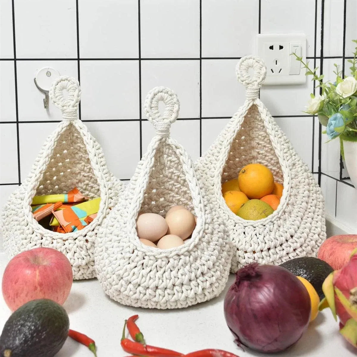 Cotton Rope Woven Storage Basket Wall Mount Fruit Vegetable Organizer Container - Mini