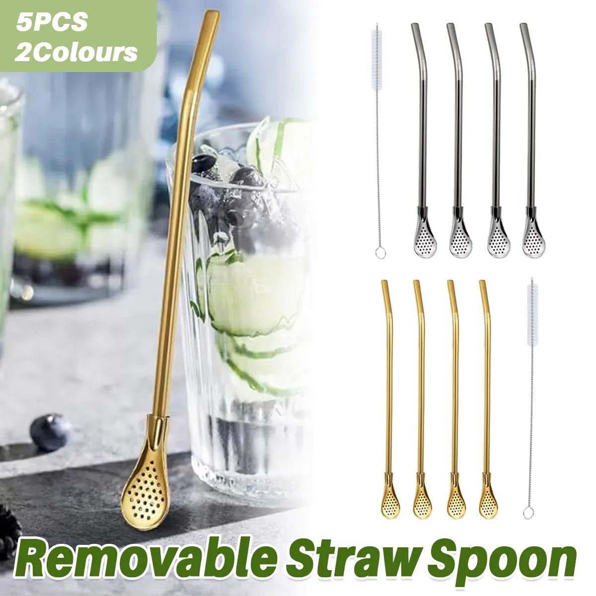5pcs Stainless Steel Straw Spoon Removable Filter Reusable Tea Juice Stirrer - Gold