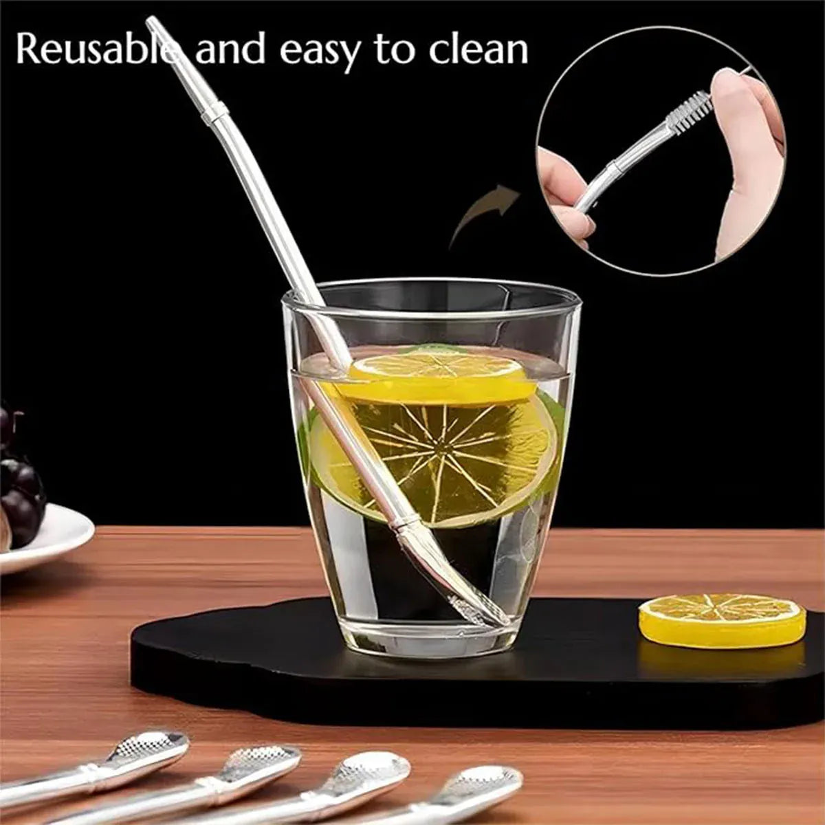 5pcs Stainless Steel Straw Spoon Removable Filter Reusable Tea Juice Stirrer - Gold