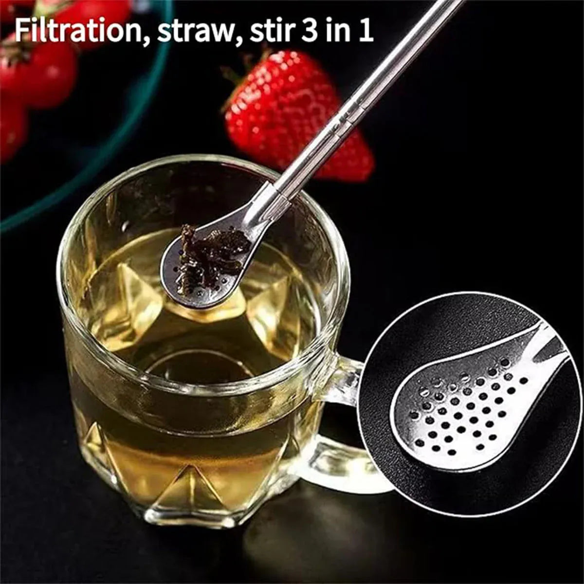 5pcs Stainless Steel Straw Spoon Removable Filter Reusable Tea Juice Stirrer - Gold