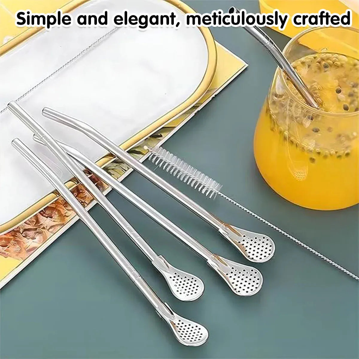 5pcs Stainless Steel Straw Spoon Removable Filter Reusable Tea Juice Stirrer - Gold