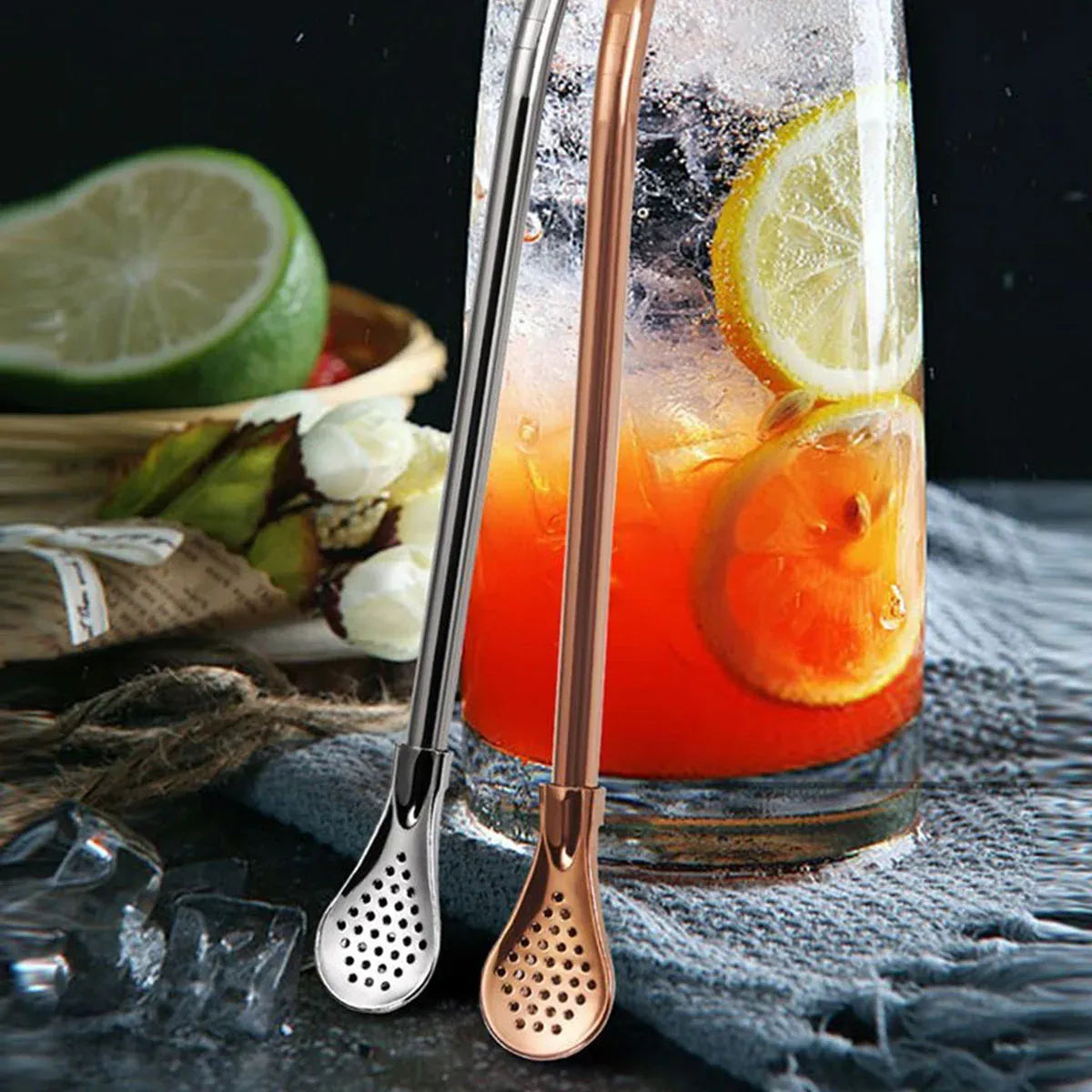 5pcs Stainless Steel Straw Spoon Removable Filter Reusable Tea Juice Stirrer - Gold