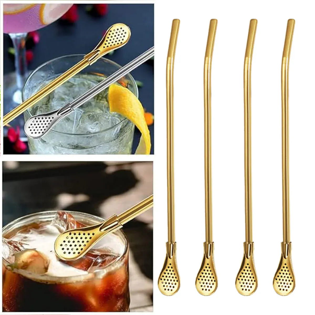 5pcs Stainless Steel Straw Spoon Removable Filter Reusable Tea Juice Stirrer - Gold