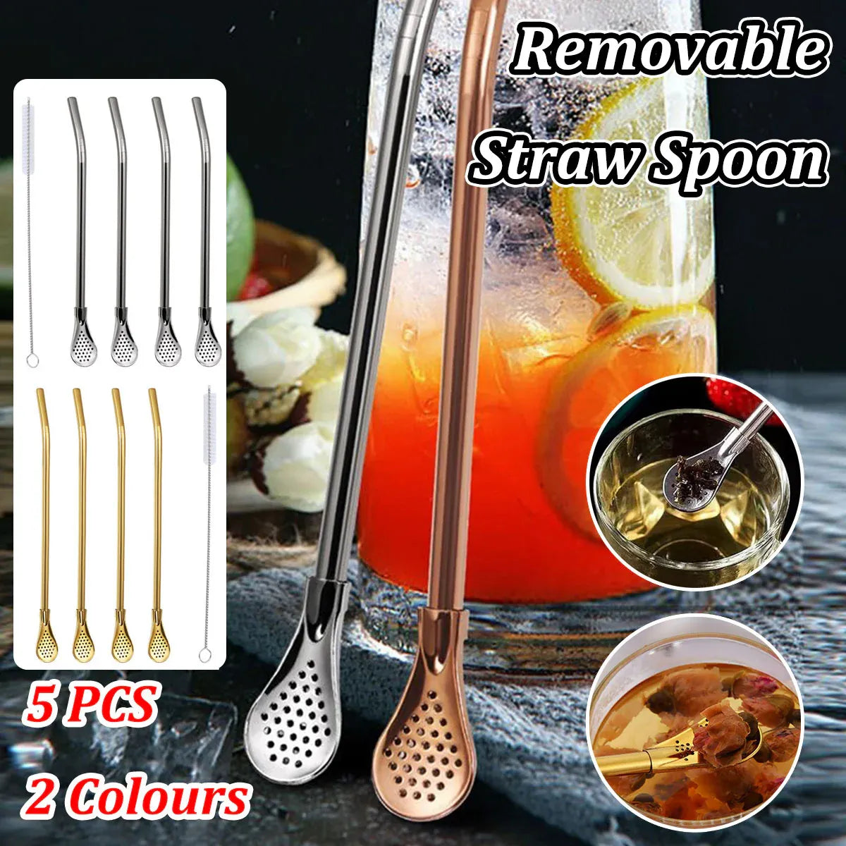 5pcs Stainless Steel Straw Spoon Removable Filter Reusable Tea Juice Stirrer - Gold