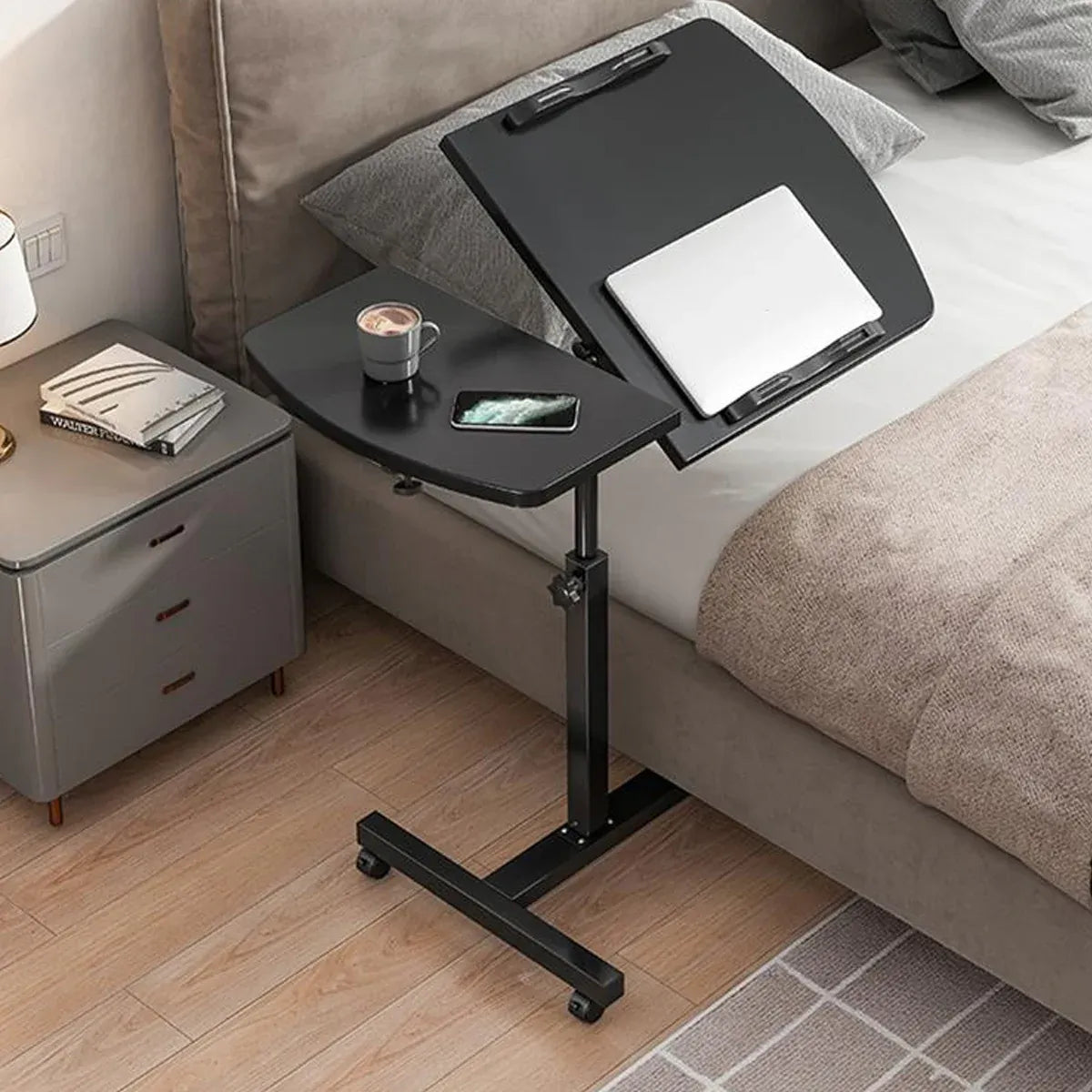 Bedside Table Mobile Height Adjustable Rotatable with Wheels Sturdy Durable