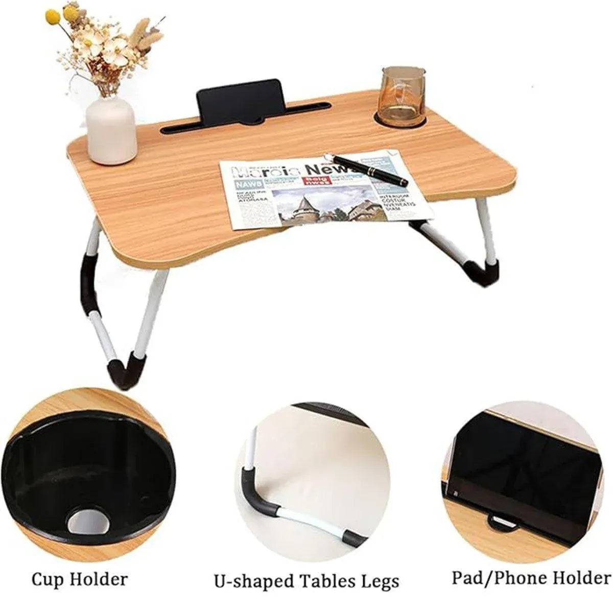 Laptop Bed Table Foldable Lap Standing Desk with Cup Slot for Indoor Picnic Tray - White