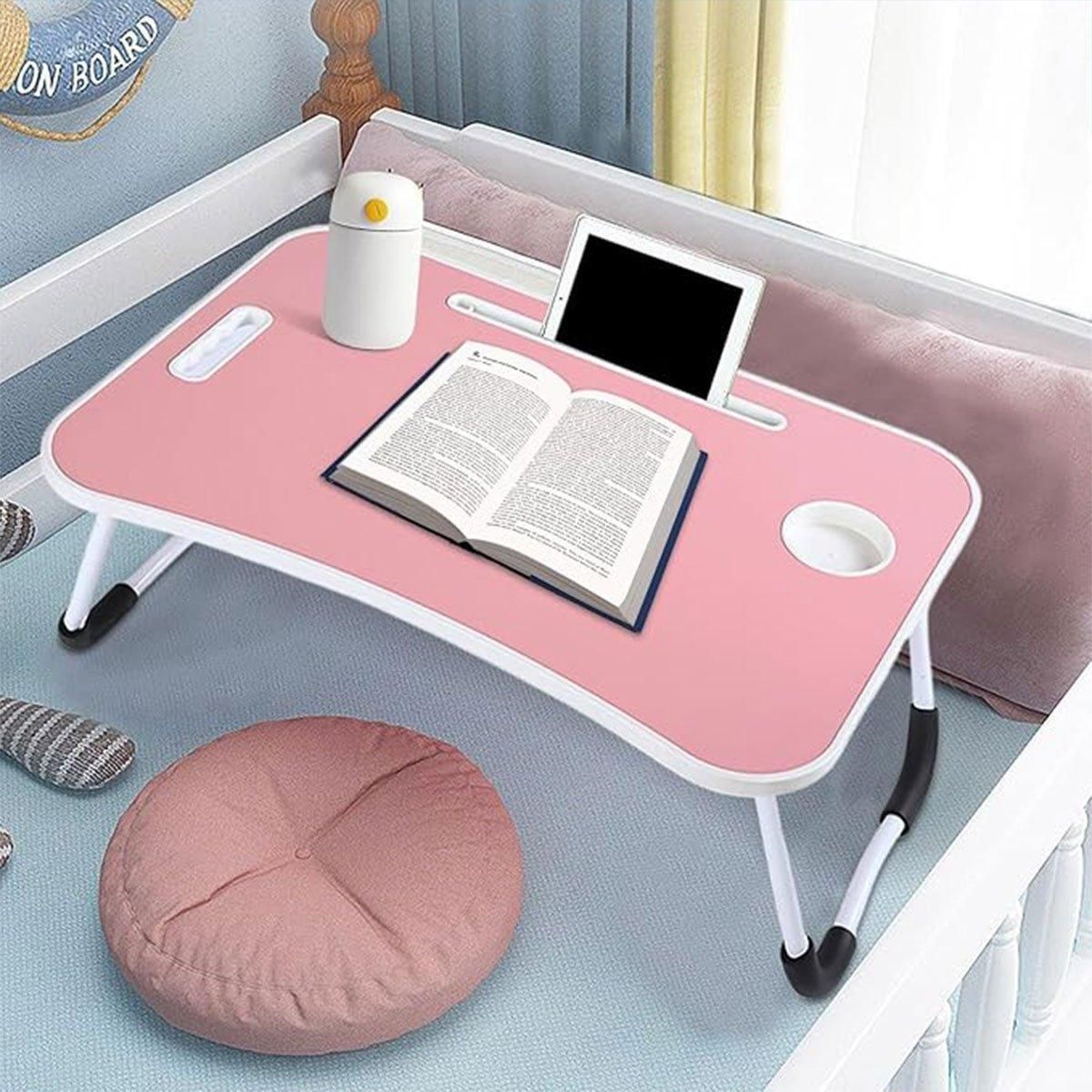 Laptop Bed Table Foldable Lap Standing Desk with Cup Slot for Indoor Picnic Tray - White