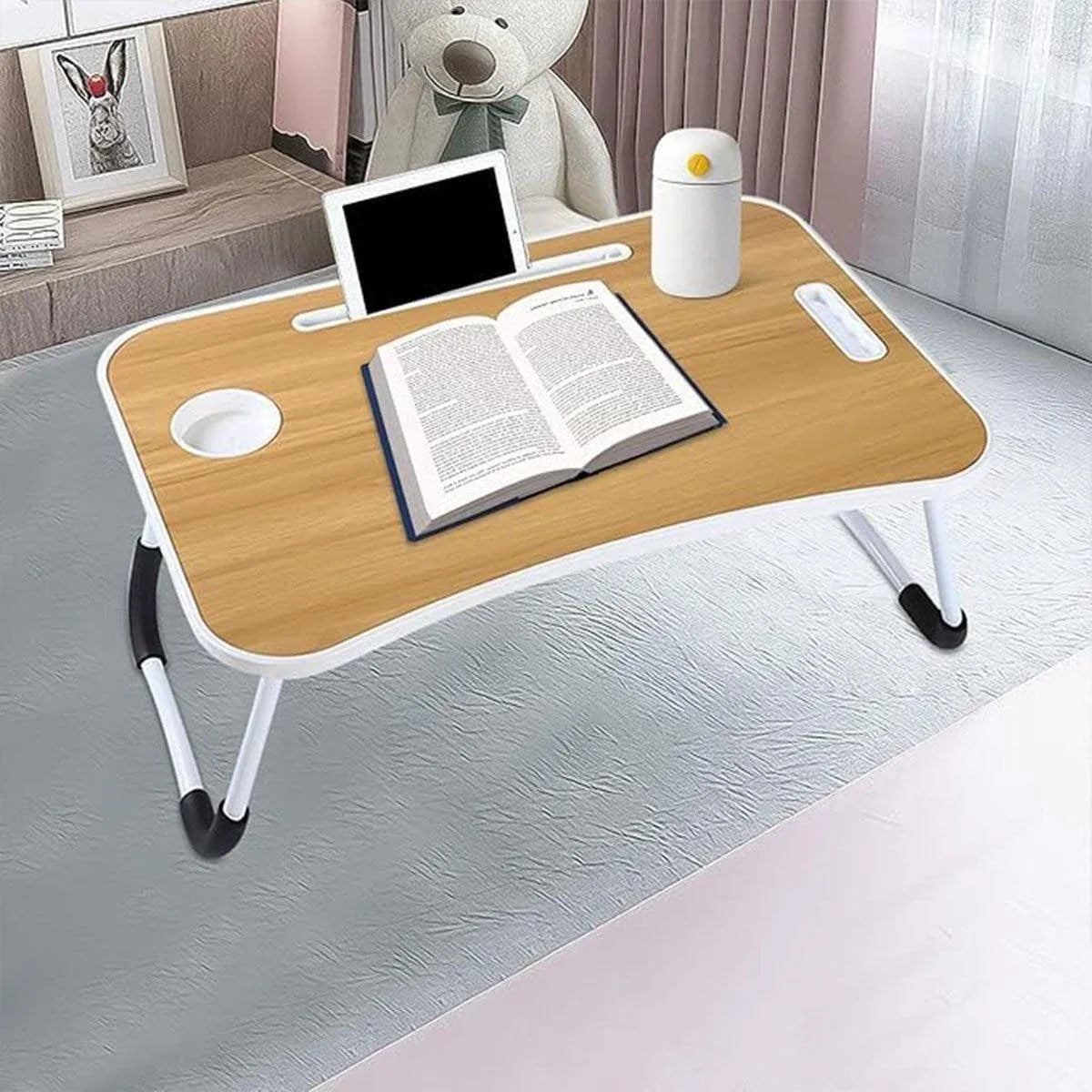 Laptop Bed Table Foldable Lap Standing Desk with Cup Slot for Indoor Picnic Tray - White