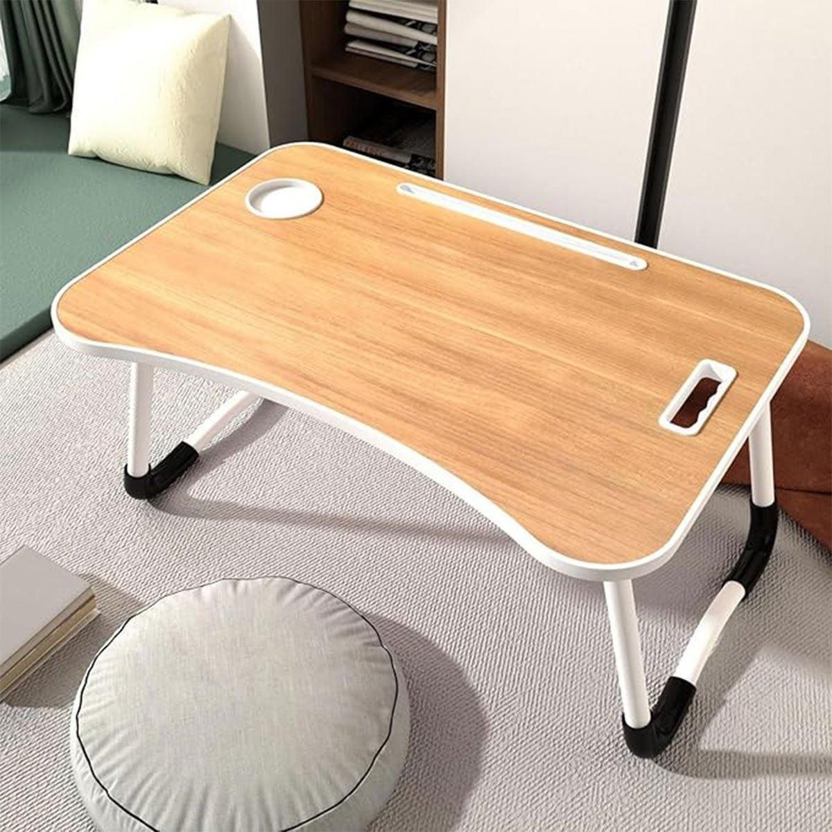 Laptop Bed Table Foldable Lap Standing Desk with Cup Slot for Indoor Picnic Tray - White