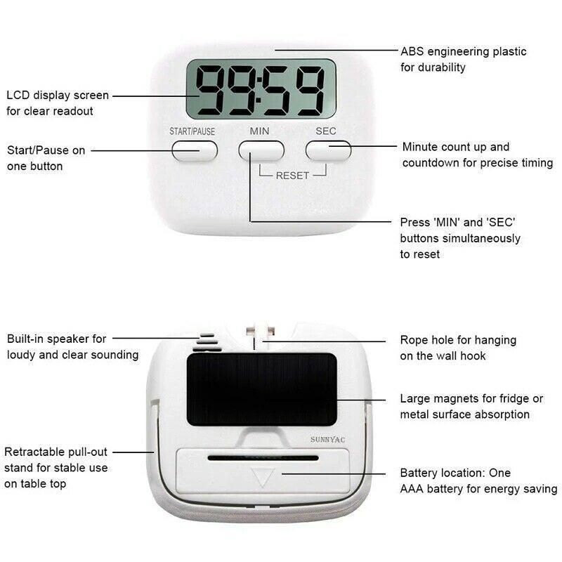 Digital Kitchen Timer 99 Minute Countdown Clock With LCD Display and Metal Mount - White