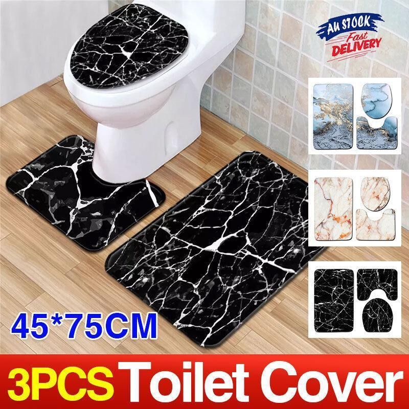 Washable Anti Slip Bathroom Mat Toilet Seat Lid Cover Pedestal Rug Bath Carpet - Set B