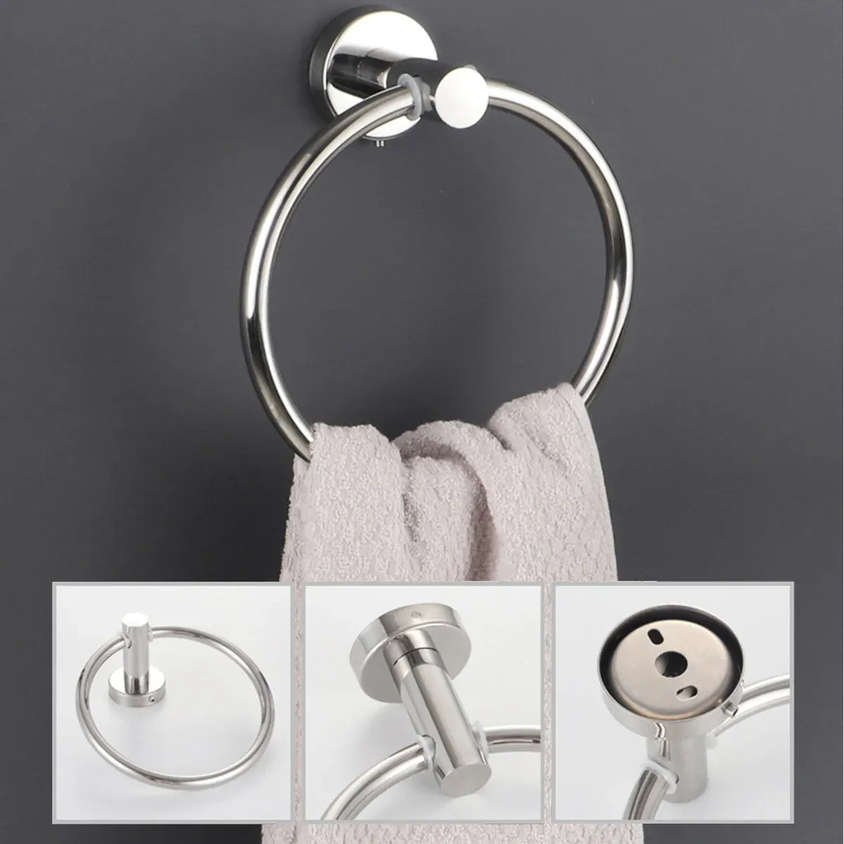 Bathroom Towel Rack Wall Mounted Towel Ring Black Toilet Paper Holder Shelf - Silver