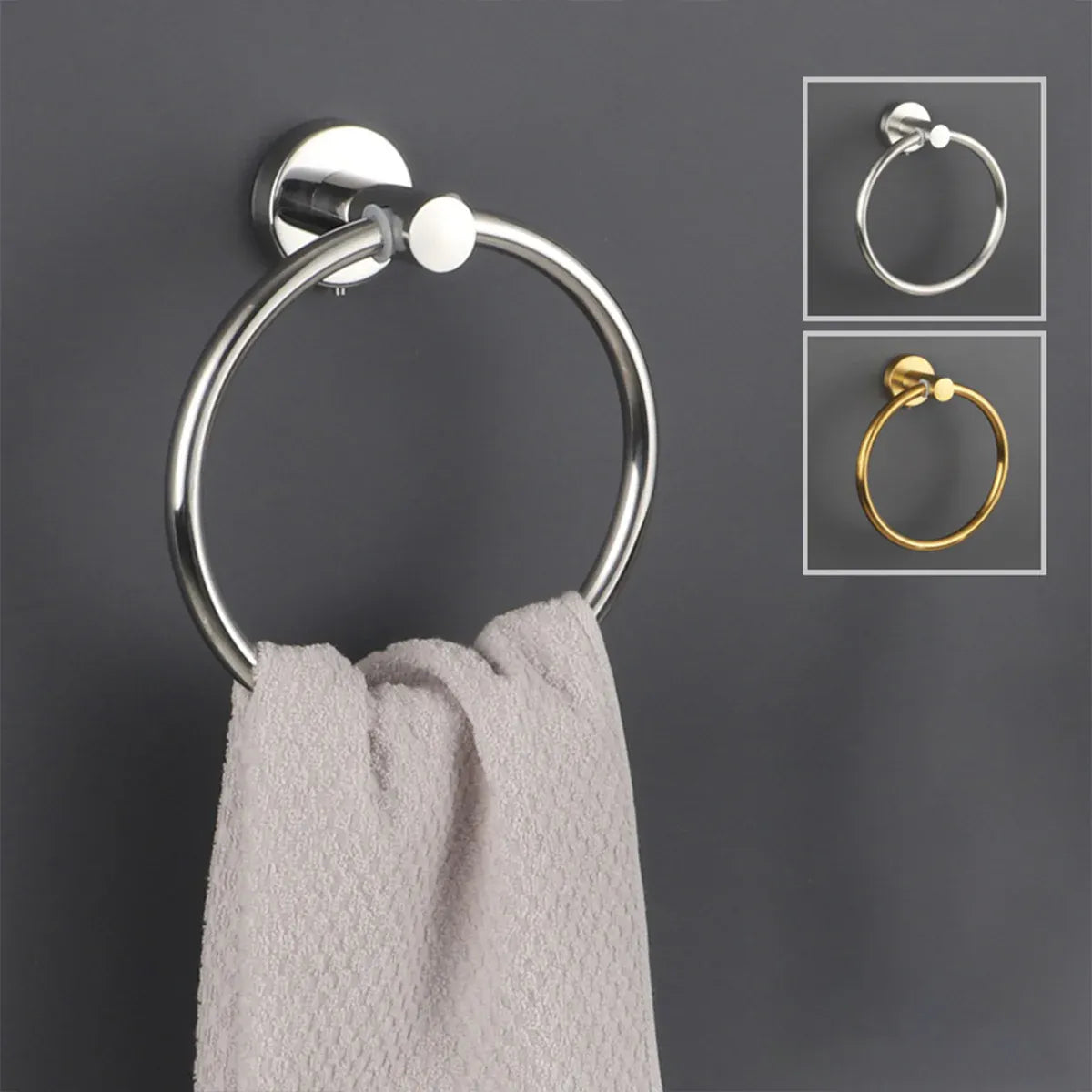Bathroom Towel Rack Wall Mounted Towel Ring Black Toilet Paper Holder Shelf - Silver