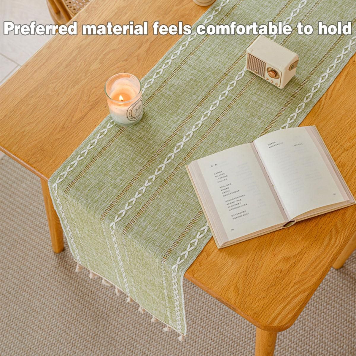 Solid Colour Woven Hollow Fringe Table Runner Home Dining Tablecloth Decoration - 33x183cm-Green
