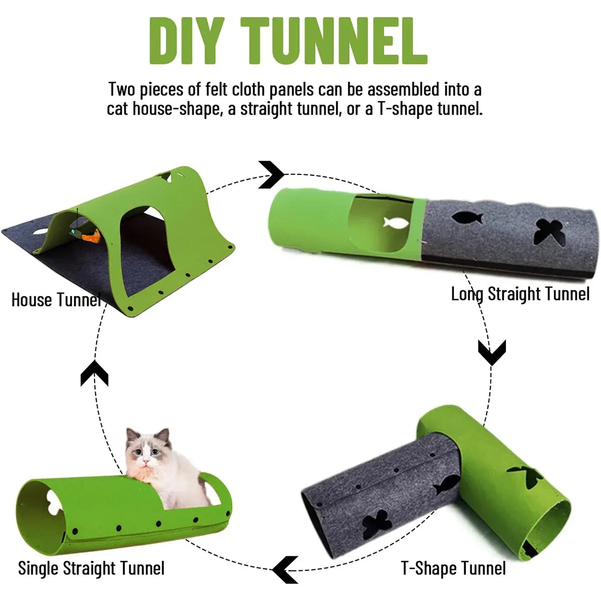Felt Cat Tunnel Play Passage For Cats Interactive Fun Hideaway For Pets Indoor - Green