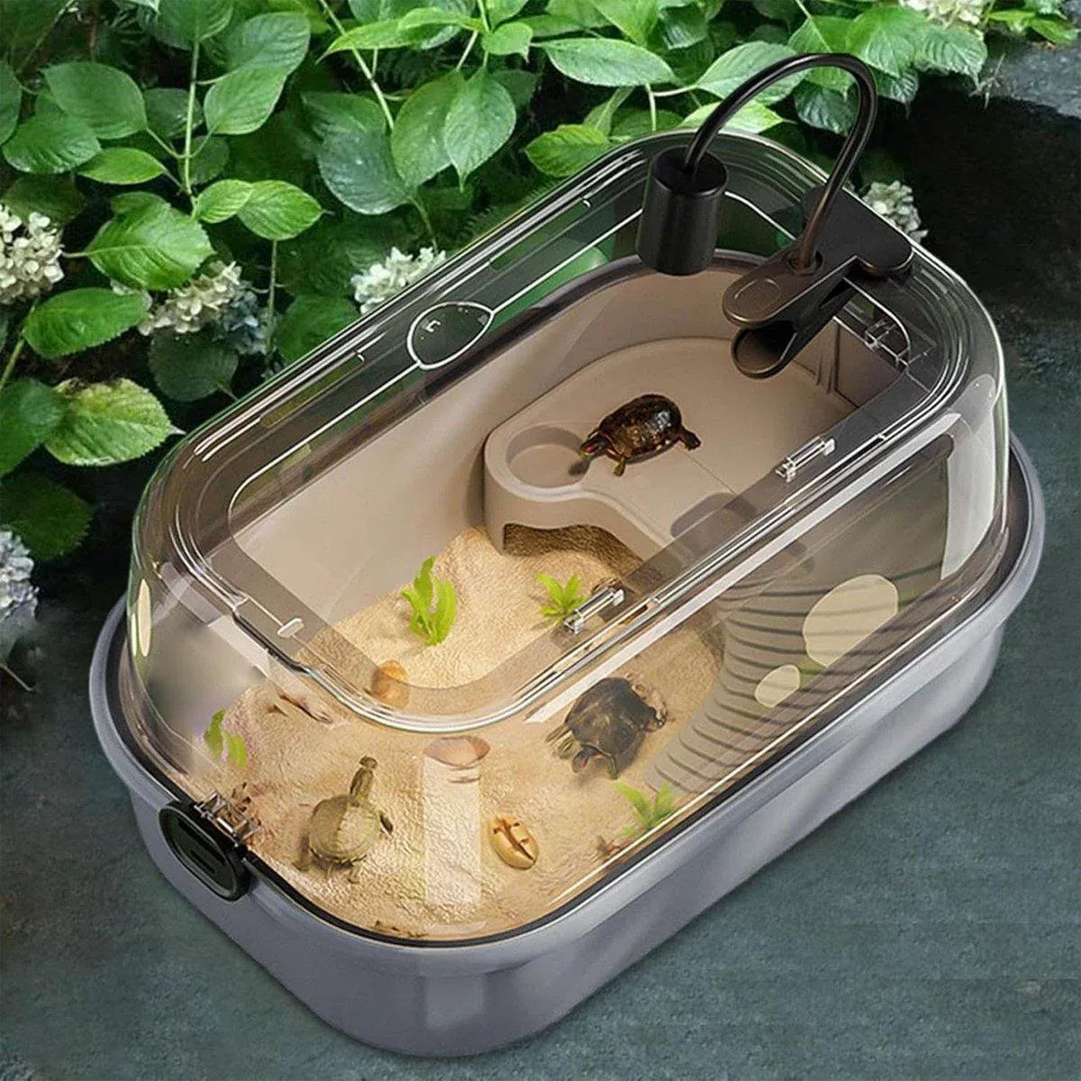 Turtle Tank Home Reptile Habitat Turtle Feeding Box Aquarium Portable Container - Grey