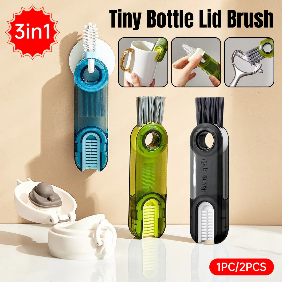 1/2pcs 3-in-1 U Shaped Bottle Thermos Cup Cleaning Brush with Rotating Heads - 2pcs-Grey