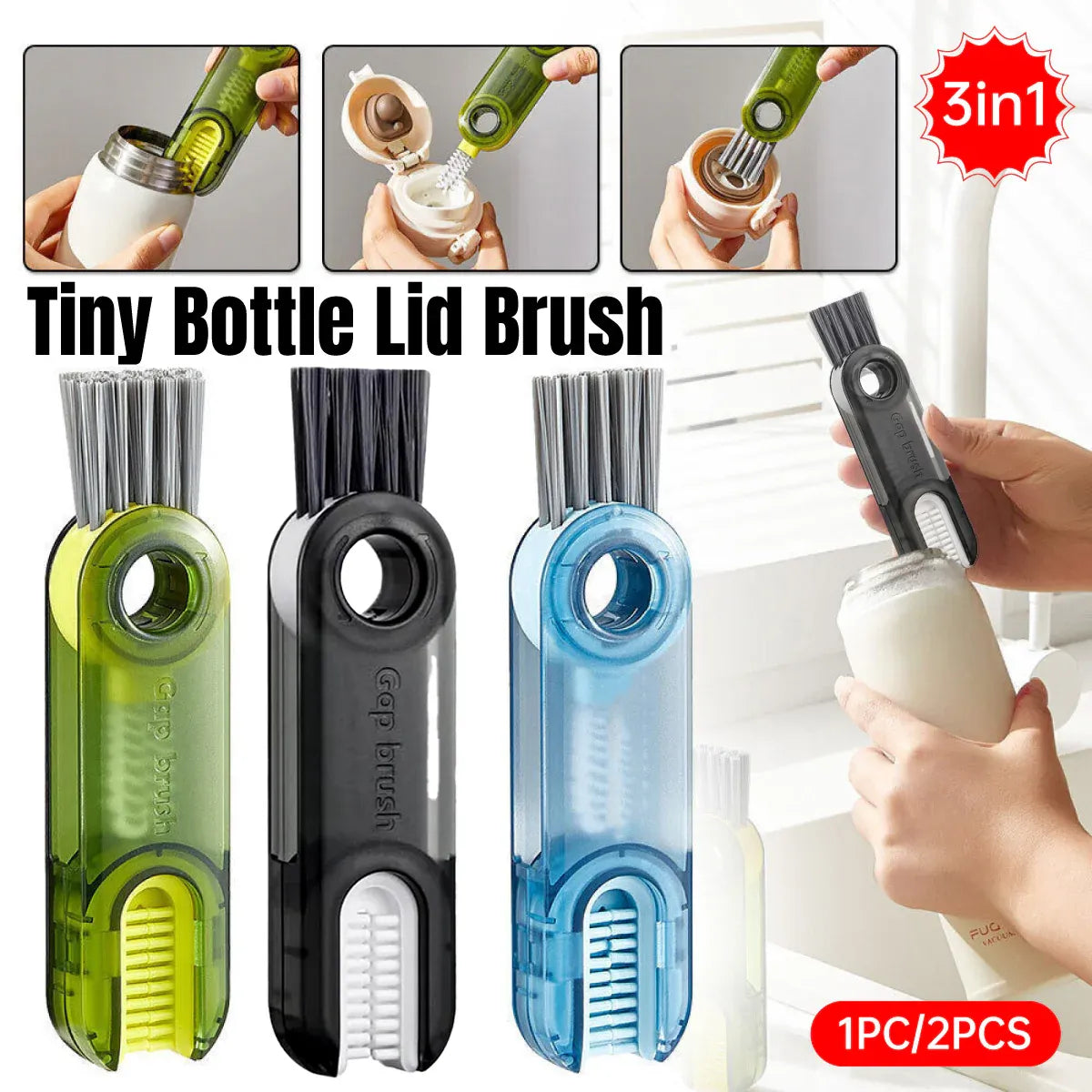1/2pcs 3-in-1 U Shaped Bottle Thermos Cup Cleaning Brush with Rotating Heads - 2pcs-Grey