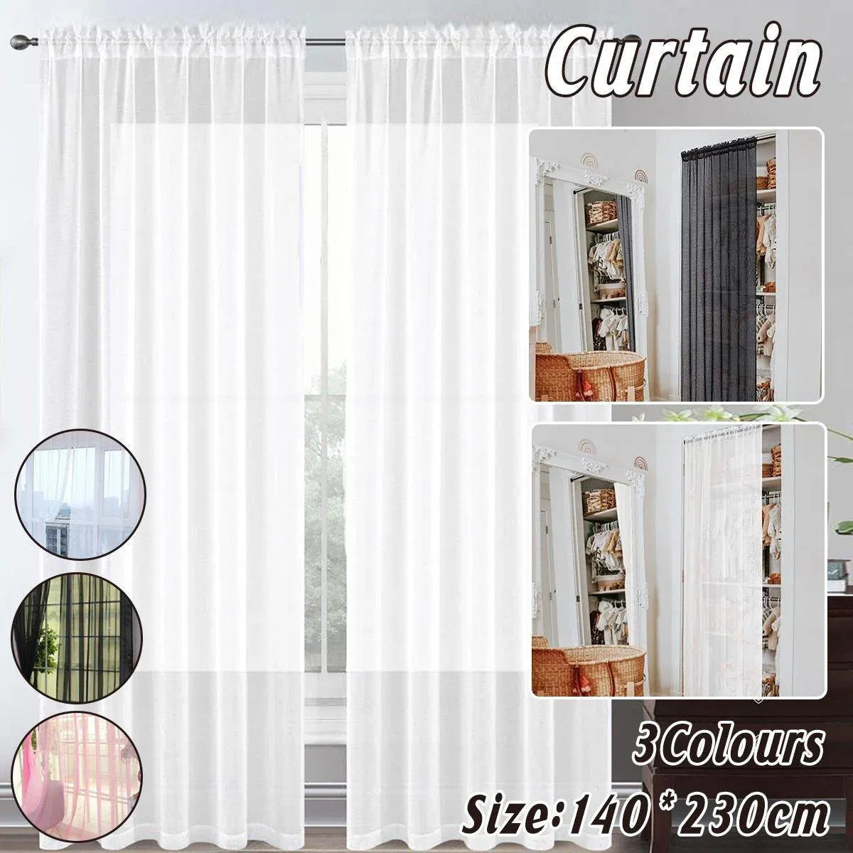Sheer Voile Curtains Rod Pocket Window Panel for Bedroom 140cm x 230cm Drapes - Black