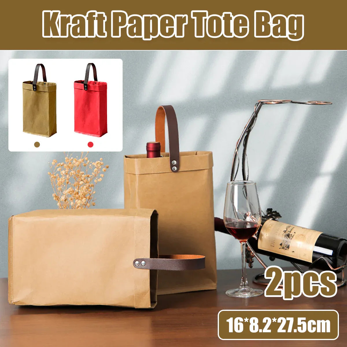 2PCS Kraft Paper Tote Bags with Handles Reusable for Grocery Store Shop Use - Kraft
