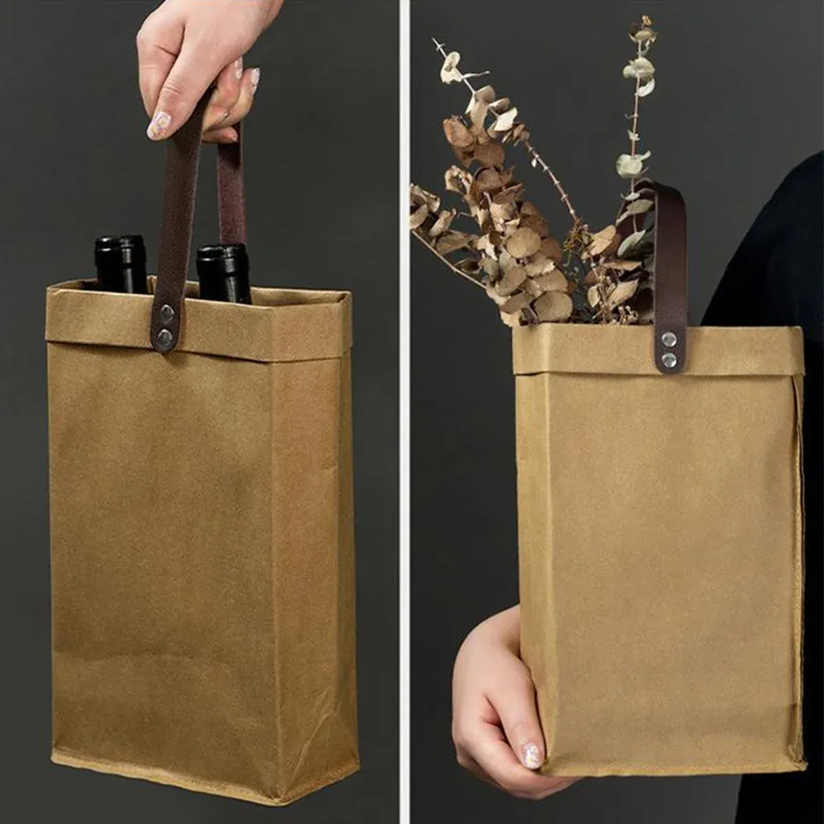 2PCS Kraft Paper Tote Bags with Handles Reusable for Grocery Store Shop Use - Kraft