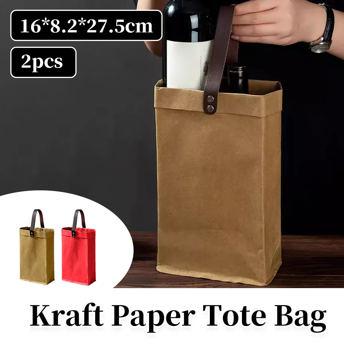 2PCS Kraft Paper Tote Bags with Handles Reusable for Grocery Store Shop Use - Kraft