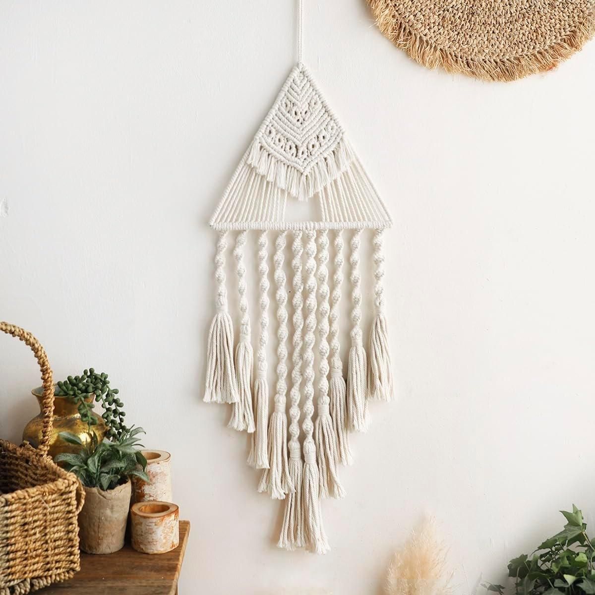 White Woven Tapestry Dreamcatcher Hanging Wall Decor Triangle Charm for Home