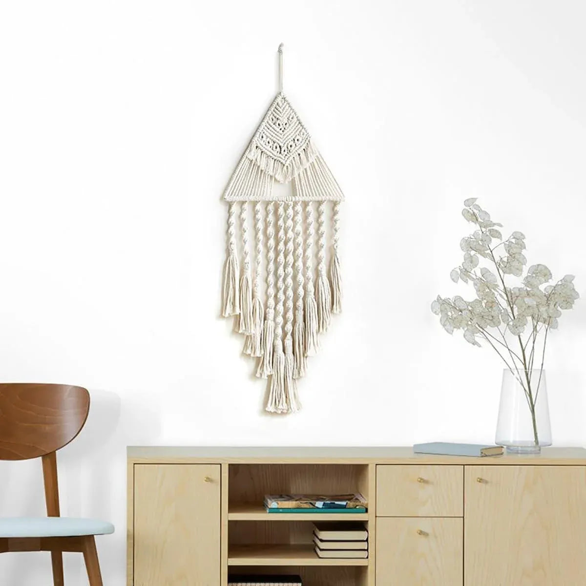 White Woven Tapestry Dreamcatcher Hanging Wall Decor Triangle Charm for Home