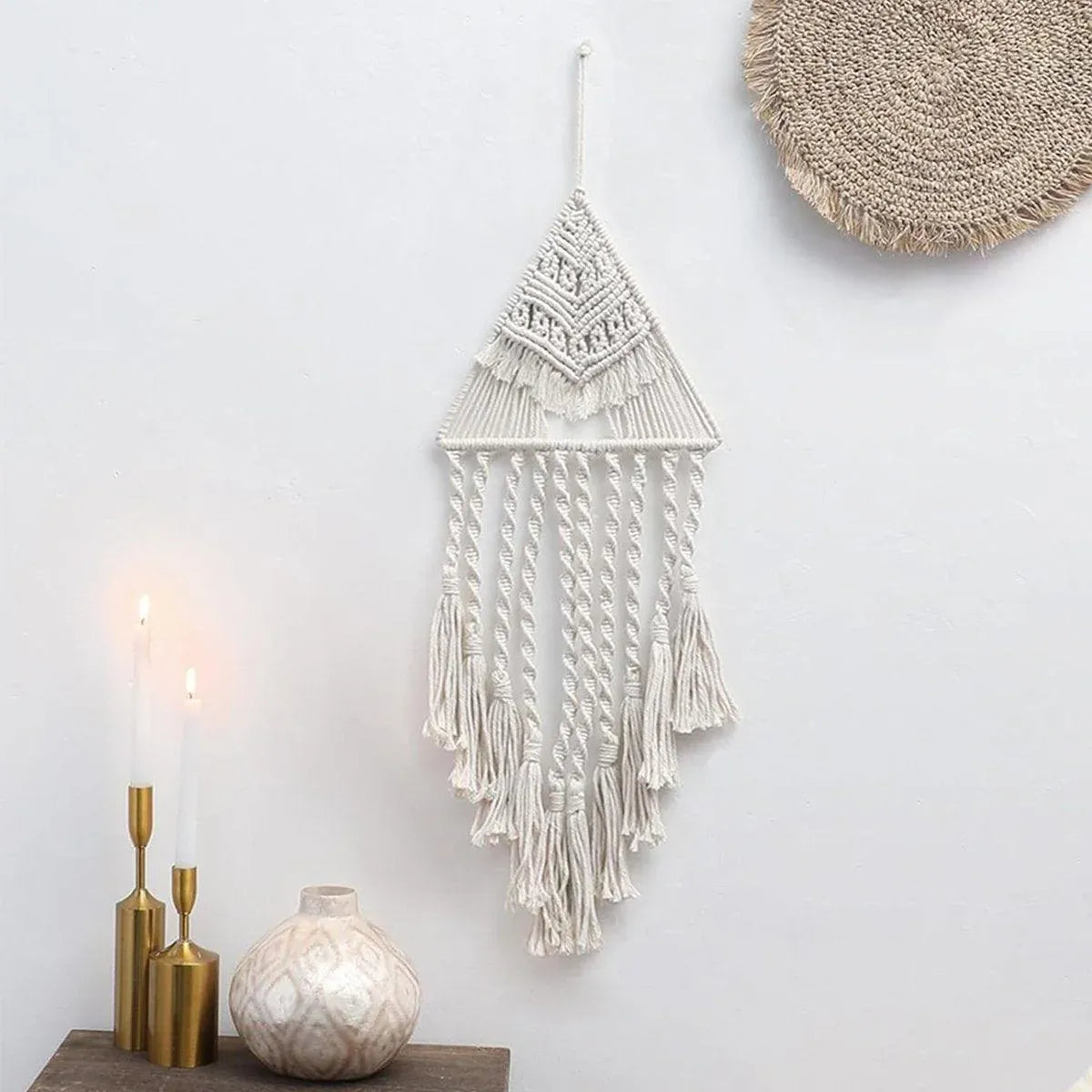 White Woven Tapestry Dreamcatcher Hanging Wall Decor Triangle Charm for Home