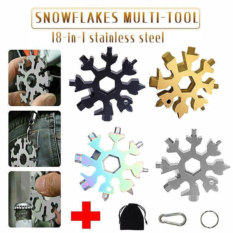 18 In 1 Stainless Multi-Tool Snowflake Keychain Wrench Screwdriver Bottle Opener - Silver