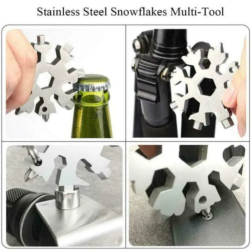 18 In 1 Stainless Multi-Tool Snowflake Keychain Wrench Screwdriver Bottle Opener - Silver
