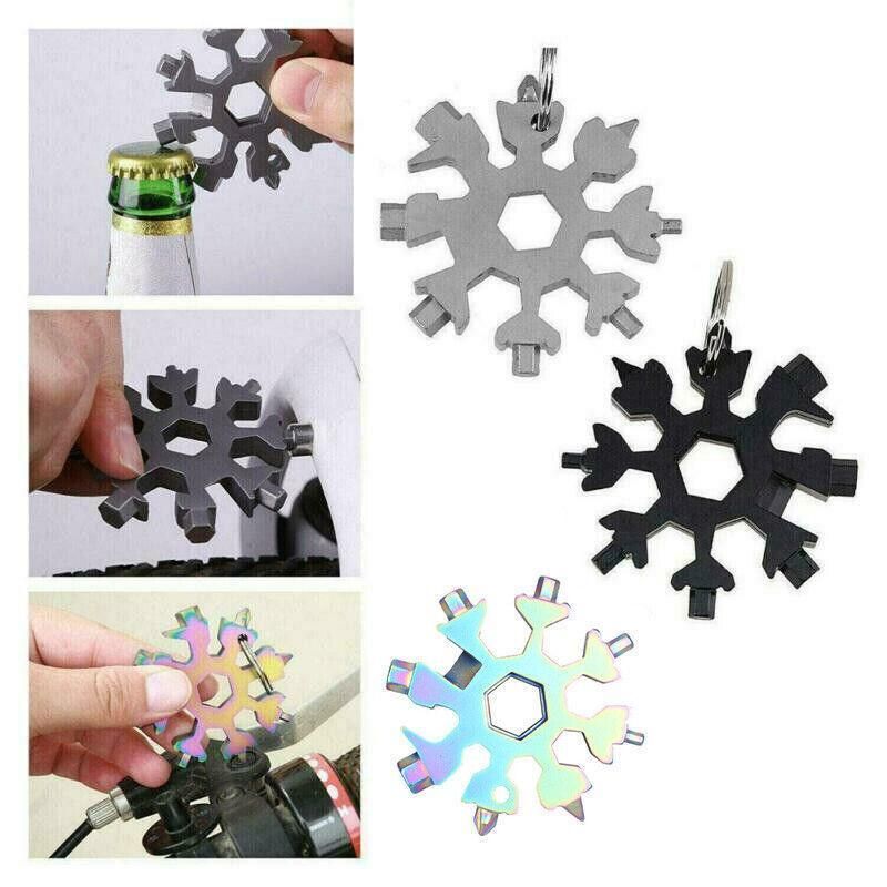 18 In 1 Stainless Multi-Tool Snowflake Keychain Wrench Screwdriver Bottle Opener - Silver